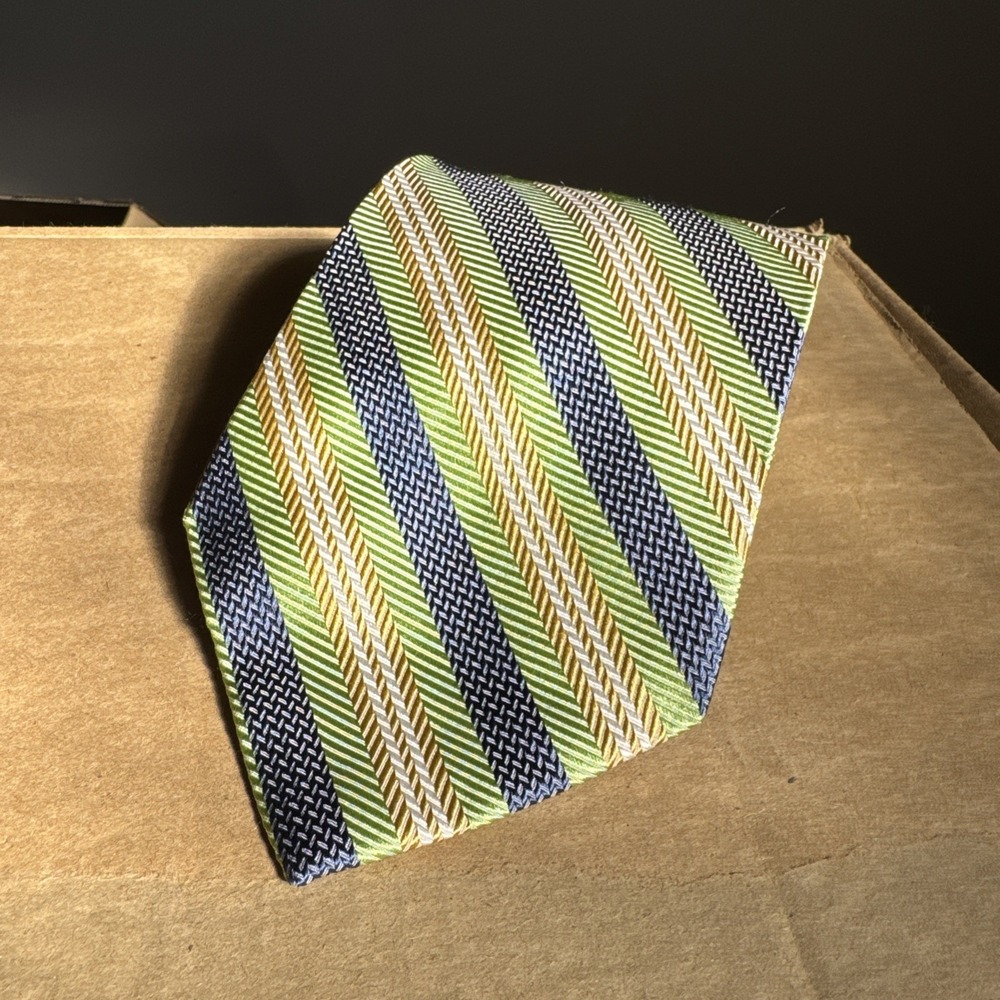 Jos A Bank 100% Silk Neck Tie Green Blue Gold Striped 4x60‎ Made In Italy